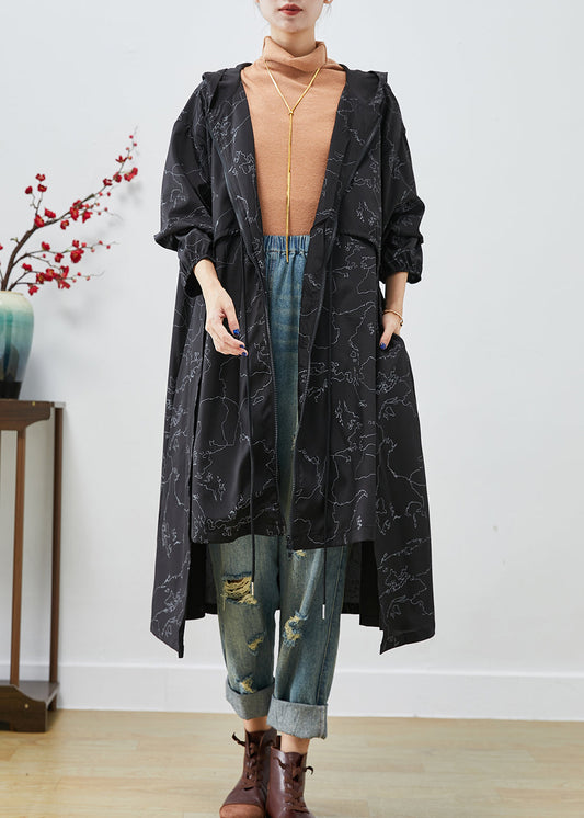WW | Schwarze asymmetrische Druck-Schnürung Spandex Trenchcoats
