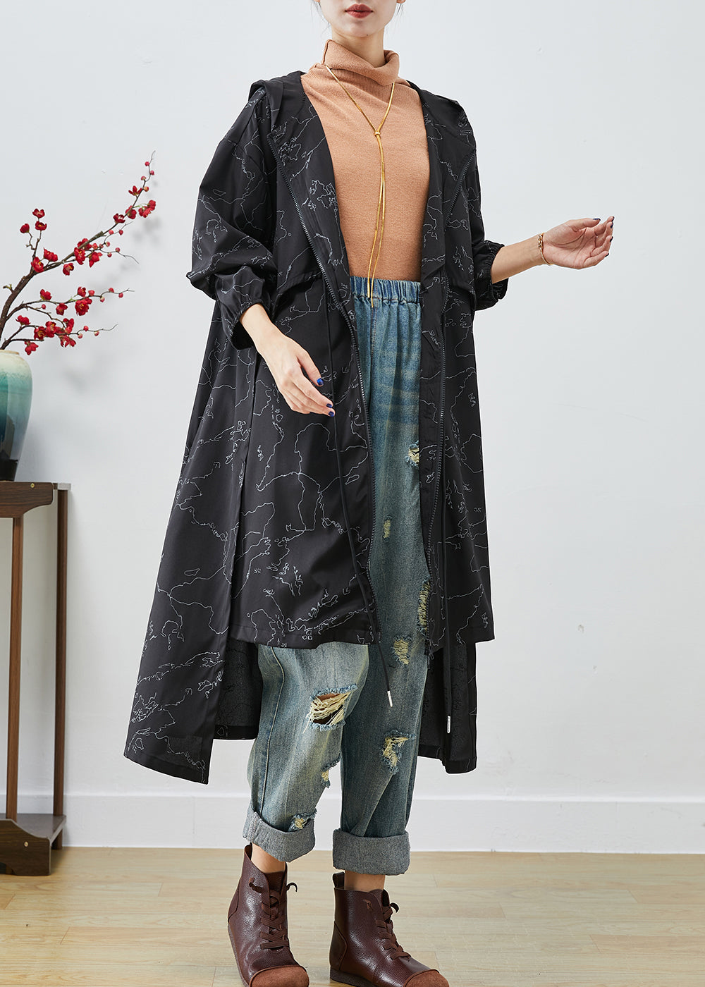 WW | Schwarze asymmetrische Druck-Schnürung Spandex Trenchcoats