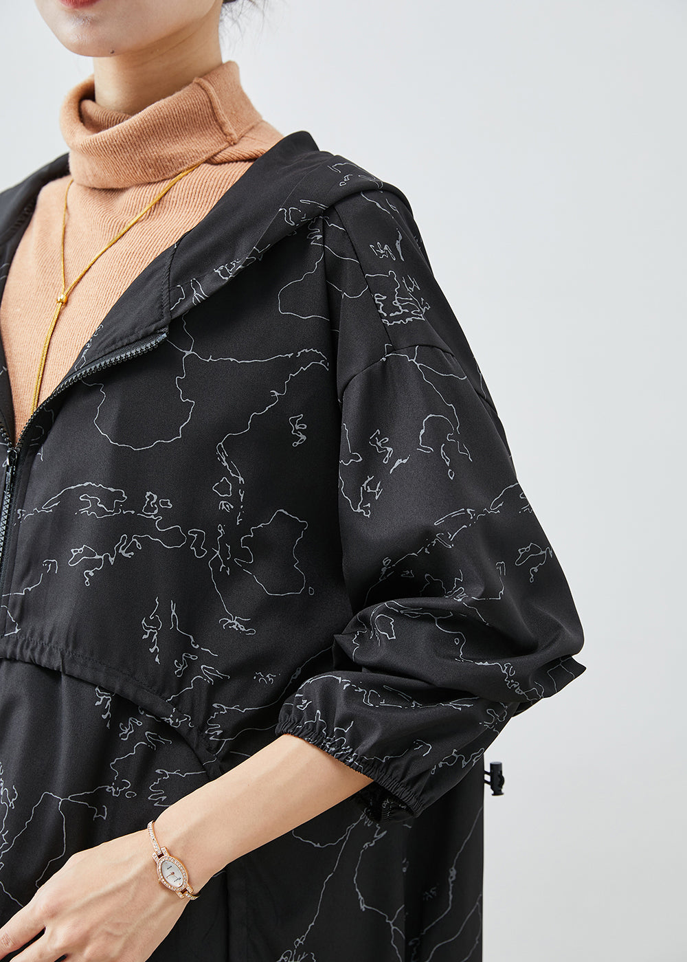 WW | Black Asymmetric Print Lace-Up Spandex Trench Coats