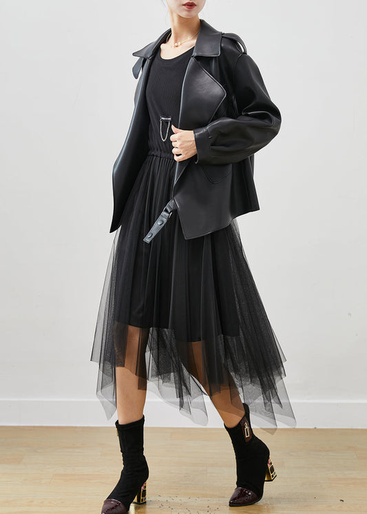 WW | Schwarze Kunstlederjacken und Tüllkleid Zweiteiliges Set Damenbekleidung