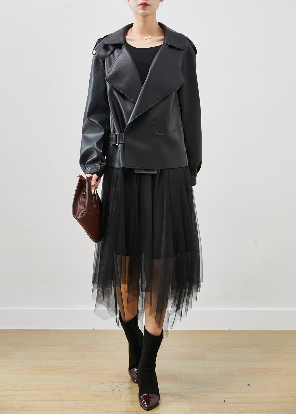 WW | Black Faux Leather Jackets and Tulle Dress Two-Piece Set Womenswear