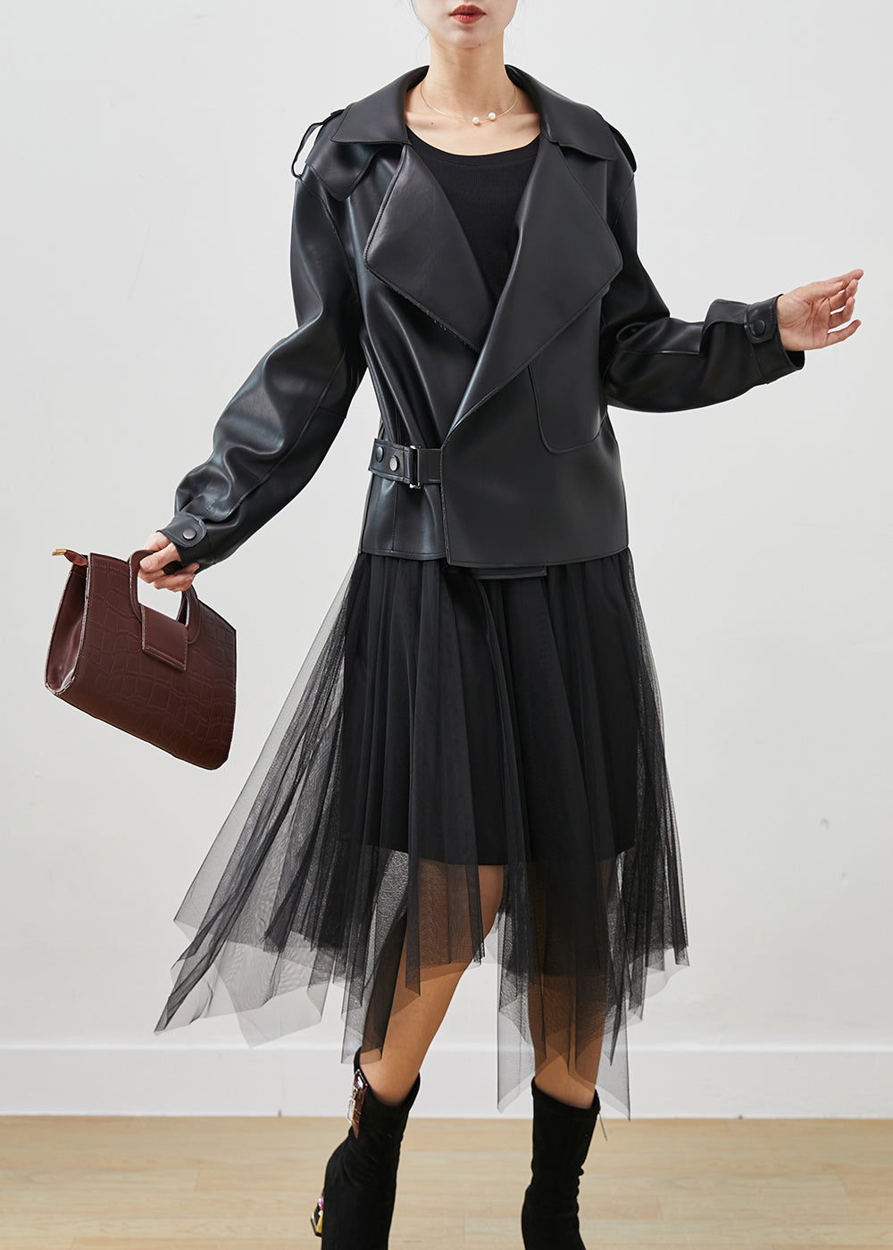 WW | Black Faux Leather Jackets and Tulle Dress Two-Piece Set Womenswear