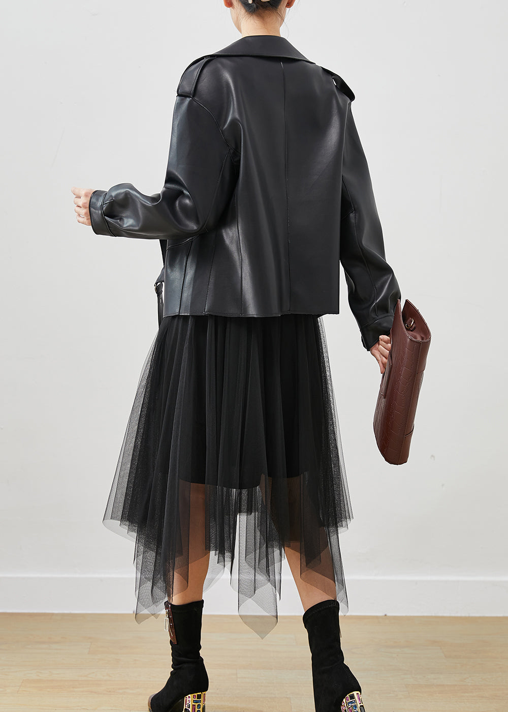 WW | Black Faux Leather Jackets and Tulle Dress Two-Piece Set Womenswear