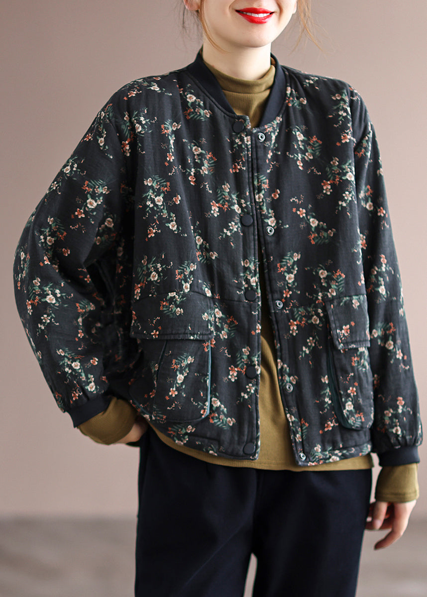 WW | Black Printed Pocket Patchwork Fine Cotton-Padded Jackets Winter