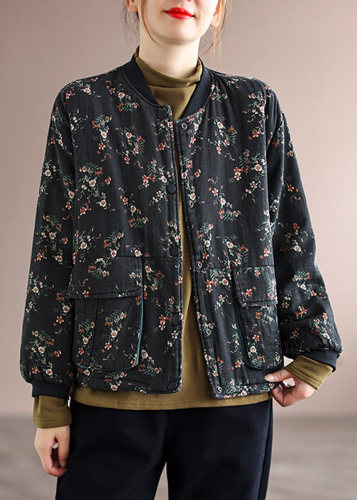 WW | Black Printed Pocket Patchwork Fine Cotton-Padded Jackets Winter