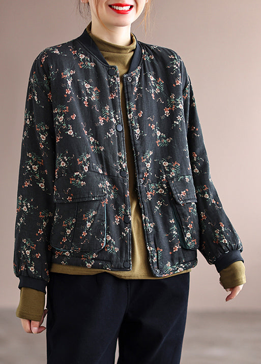 WW | Black Printed Pocket Patchwork Fine Cotton-Padded Jackets Winter