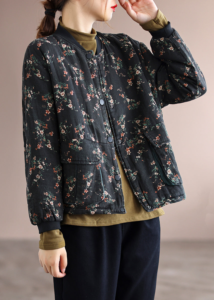 WW | Black Printed Pocket Patchwork Fine Cotton-Padded Jackets Winter