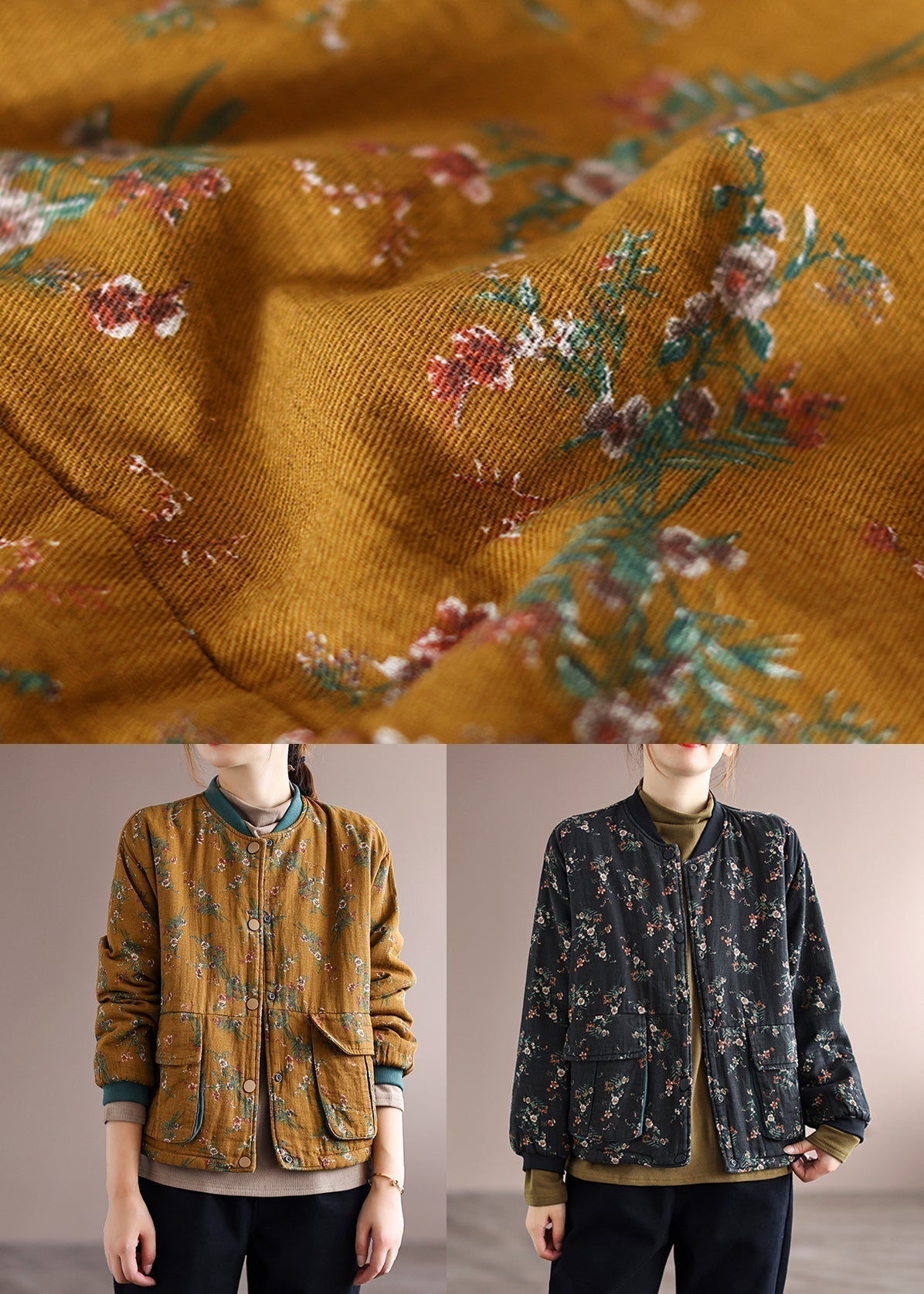 WW | Black Printed Pocket Patchwork Fine Cotton-Padded Jackets Winter