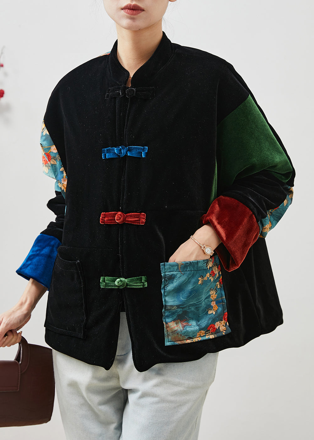 WW | Black Thick Patchwork Pockets Silk Velvet Oriental Coats Winter