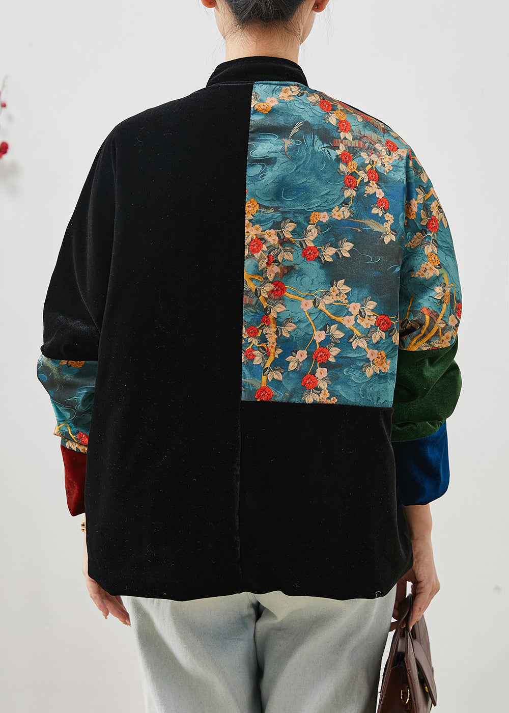 WW | Schwarze Dicke Patchwork-Taschen Seidenvelours Orientalische Mäntel Winter