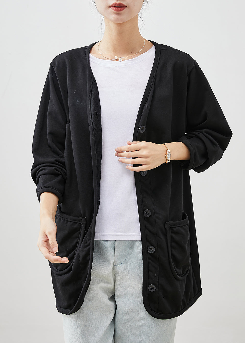 WW | Black V-Neck Pocket Cotton Coats