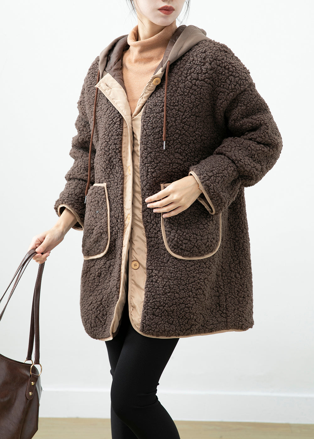 WW | Schokoladen Kapuzen-Patchwork-Taschen Teddy-Faux-Fur-Mäntel Winter
