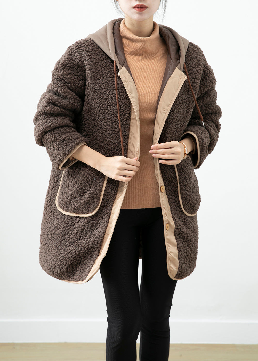 WW | Schokoladen Kapuzen-Patchwork-Taschen Teddy-Faux-Fur-Mäntel Winter