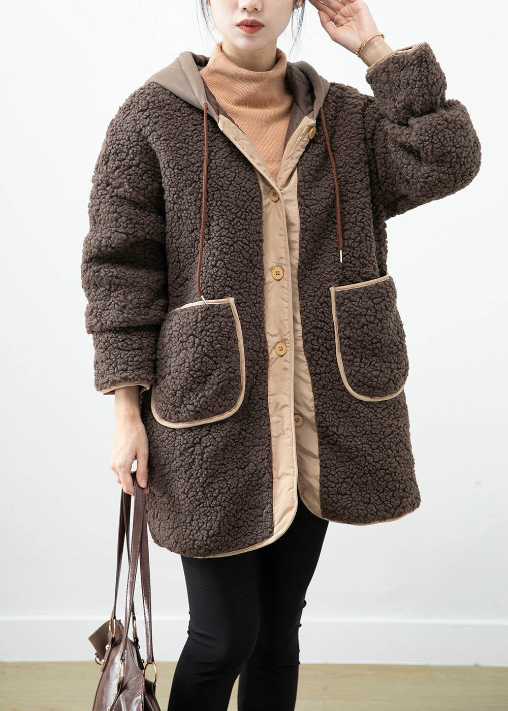 WW | Schokoladen Kapuzen-Patchwork-Taschen Teddy-Faux-Fur-Mäntel Winter