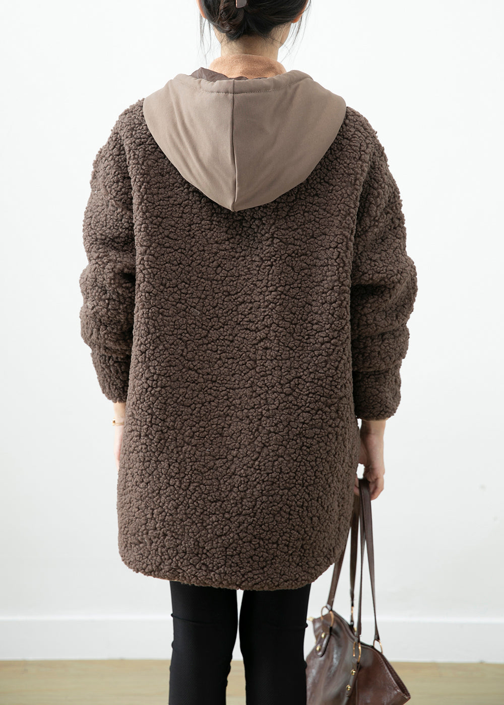 WW | Schokoladen Kapuzen-Patchwork-Taschen Teddy-Faux-Fur-Mäntel Winter