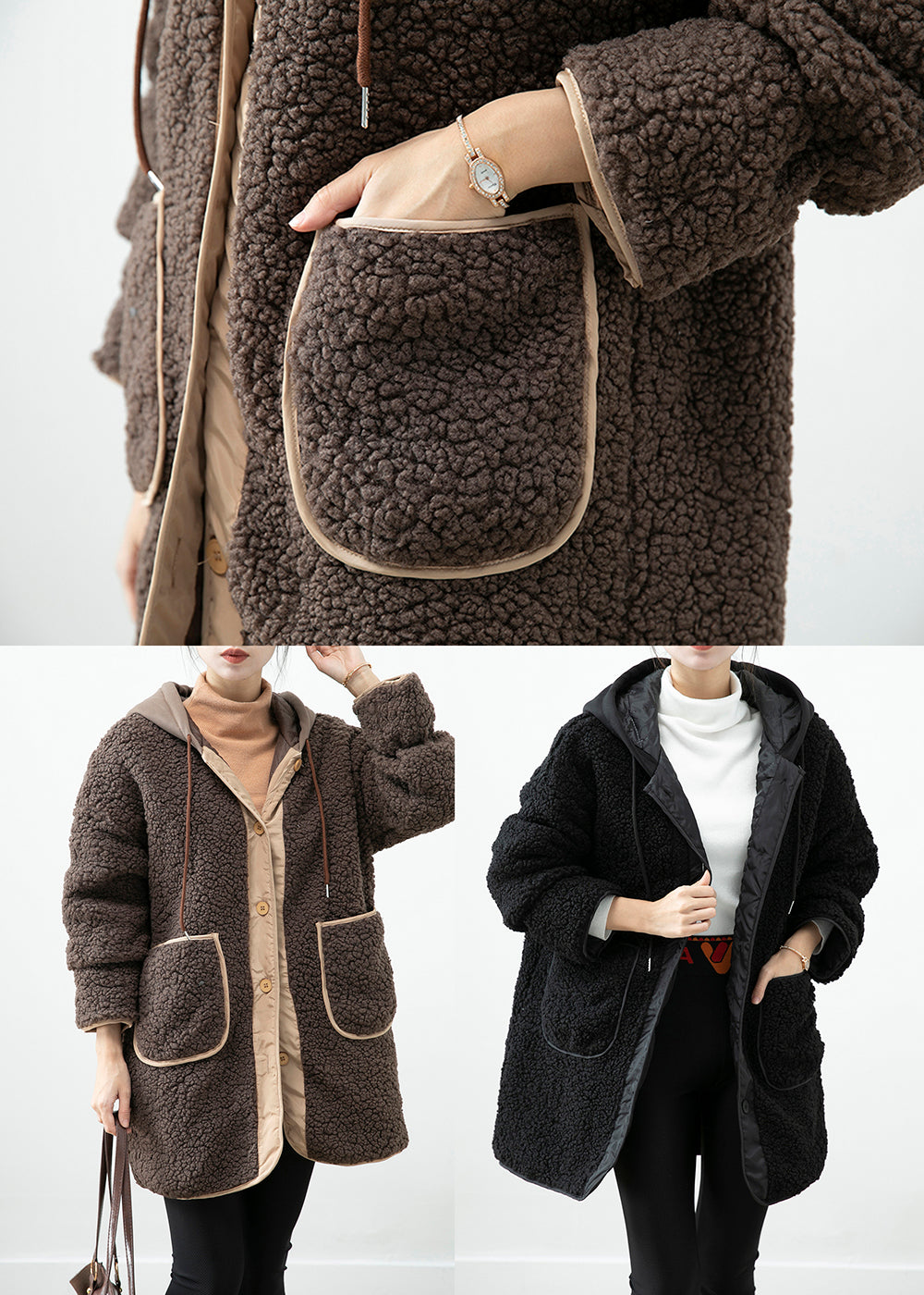 WW | Schokoladen Kapuzen-Patchwork-Taschen Teddy-Faux-Fur-Mäntel Winter