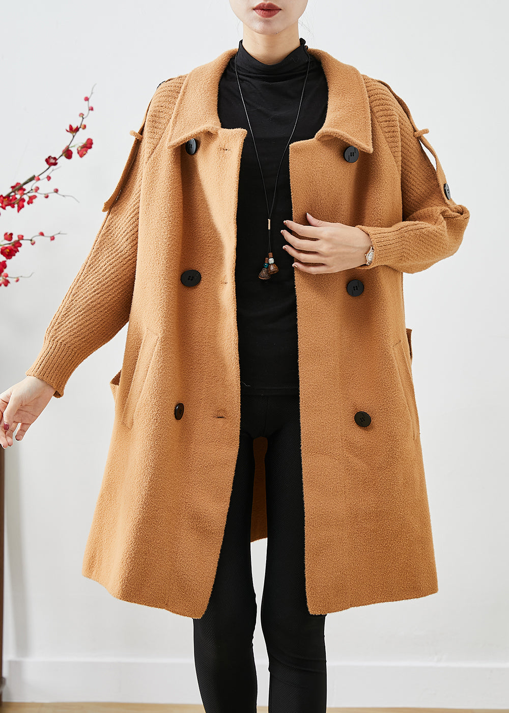 WW | Lightweight Camel Double-Breasted Patchwork Knitted Wool Trench Coats
