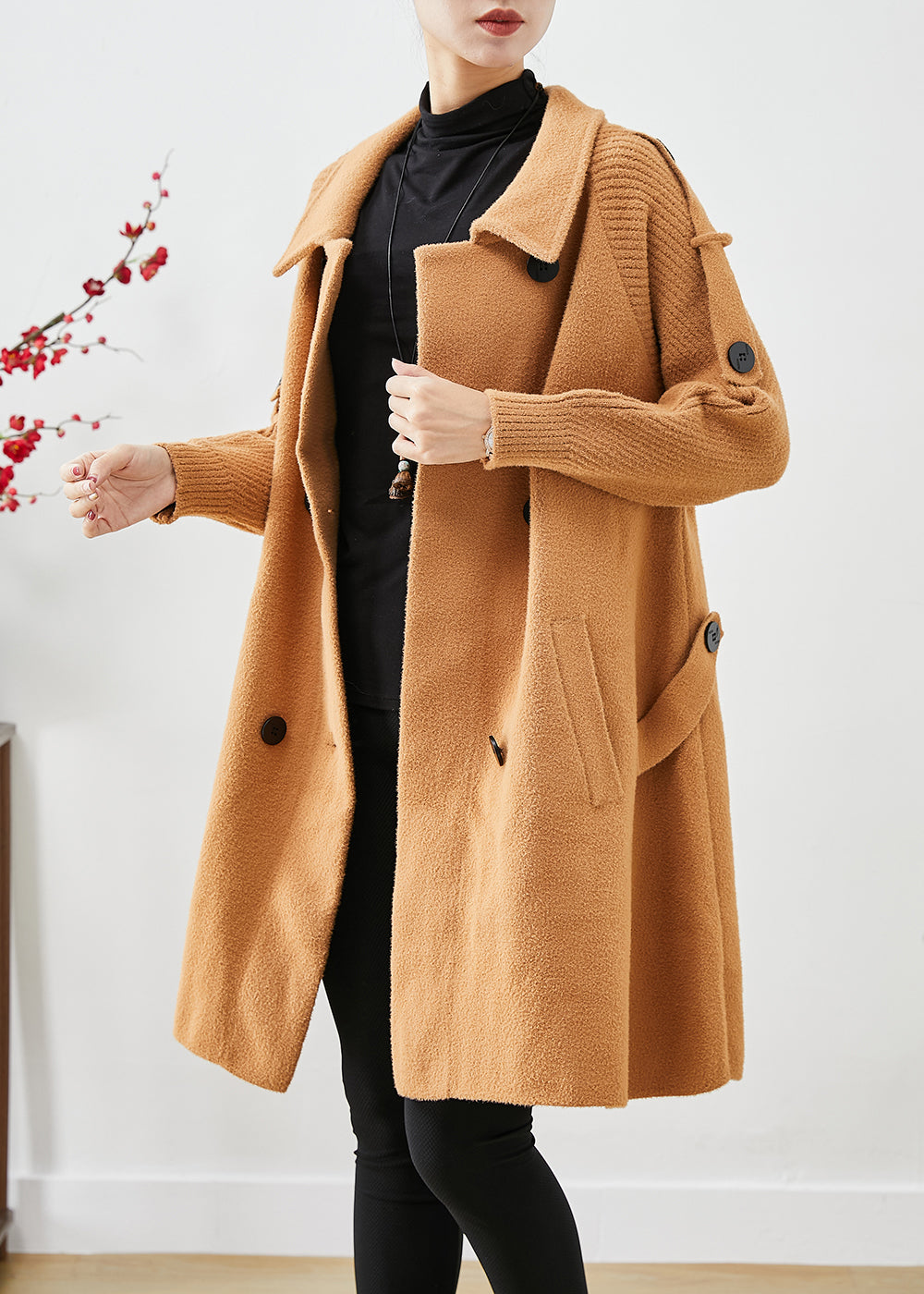 WW | Lightweight Camel Double-Breasted Patchwork Knitted Wool Trench Coats