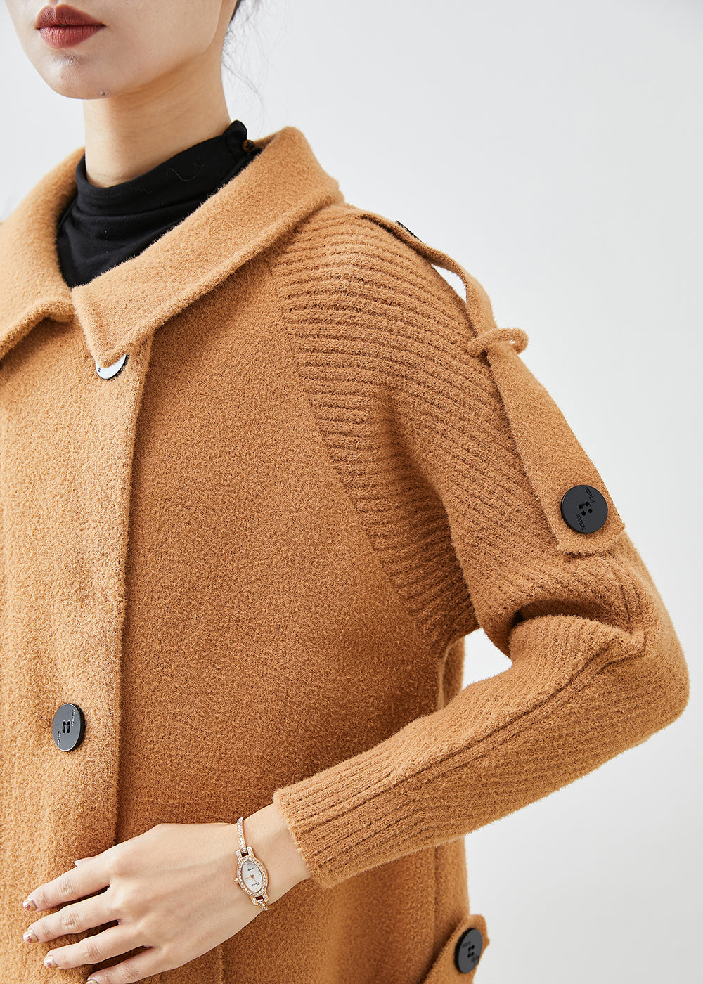 WW | Lightweight Camel Double-Breasted Patchwork Knitted Wool Trench Coats