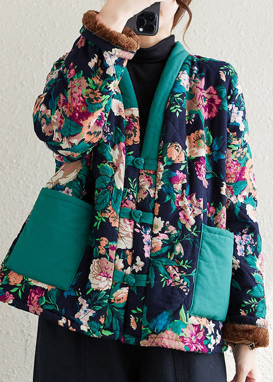 WW | Marine V-Ausschnitt Taschen Print Feine Baumwolle Gefüllte Jacken Winter