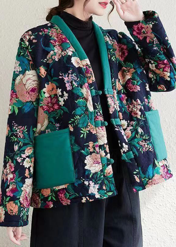 WW | Marine V-Ausschnitt Taschen Print Feine Baumwolle Gefüllte Jacken Winter