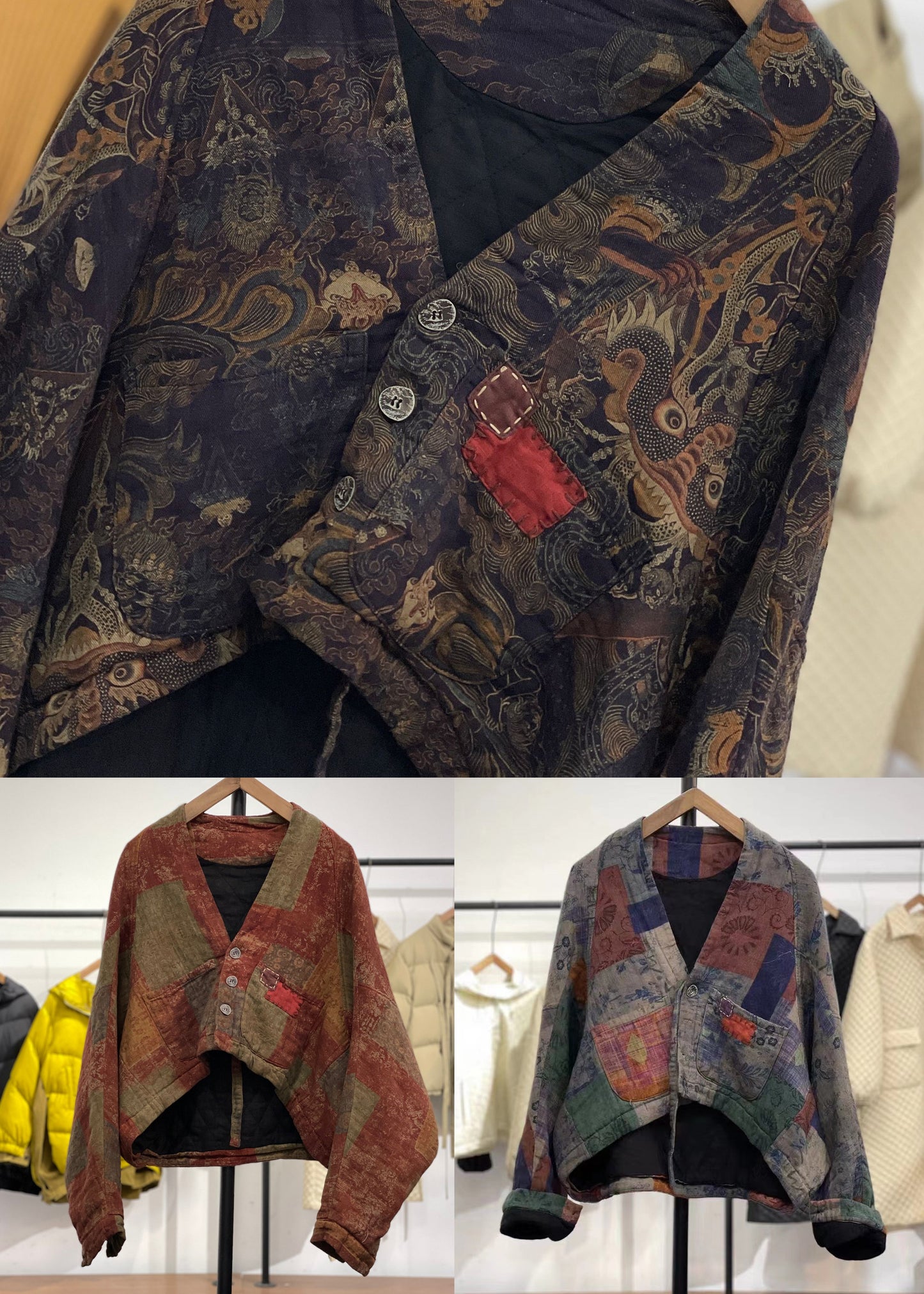 WW | Lila Asymmetrische Patchwork Feine Baumwollgefüllte Mäntel Winter