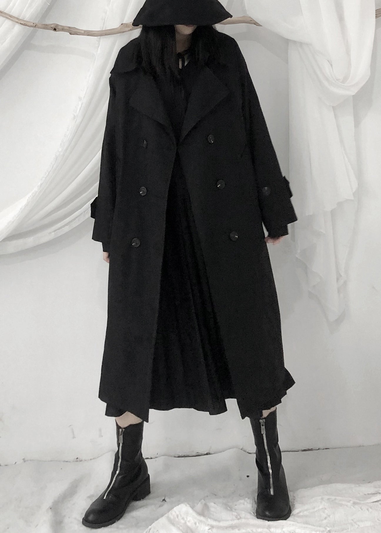 WW | Black Peter Pan Collar Ribbons Button Long Trench Coats Long Sleeves