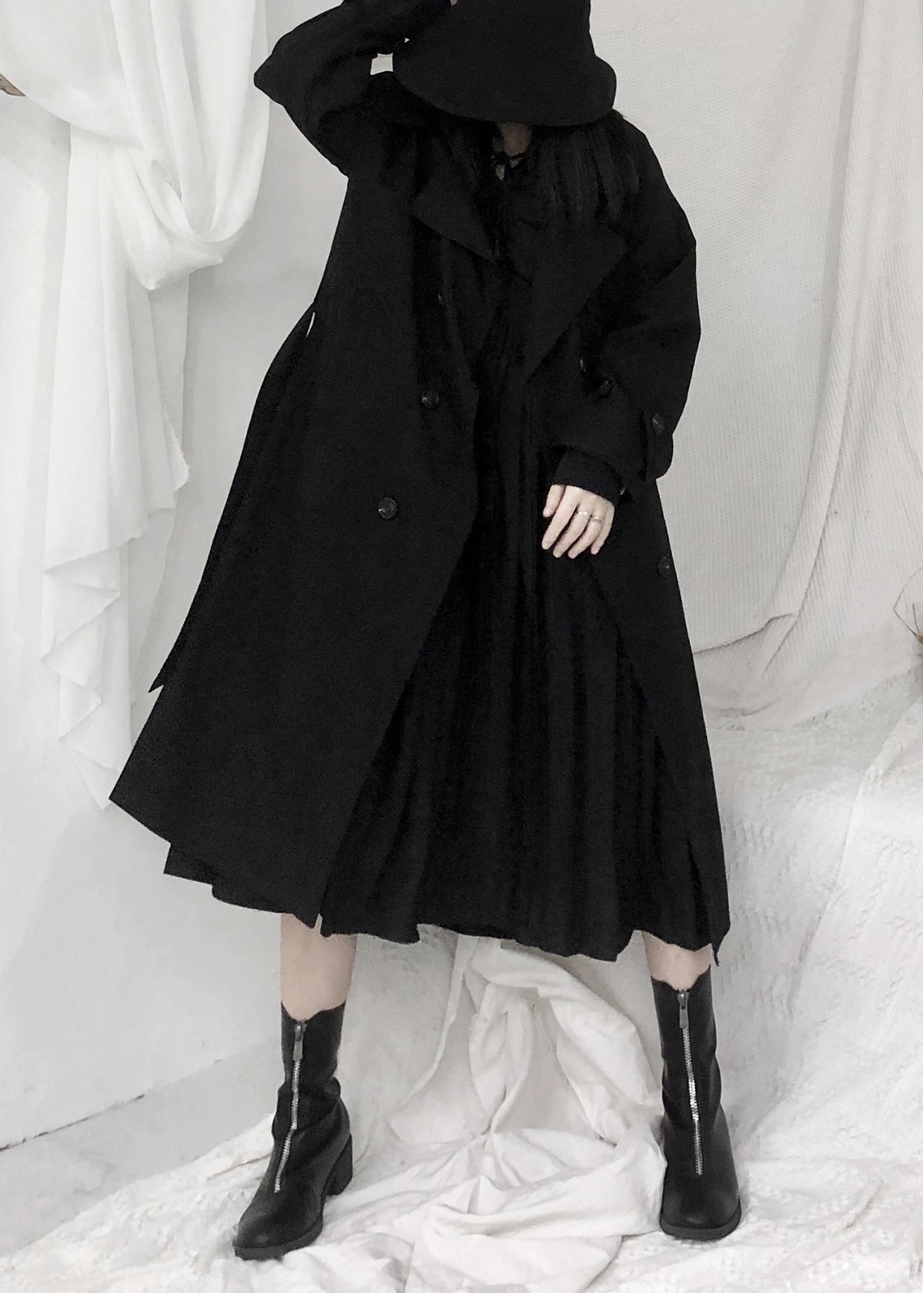 WW | Black Peter Pan Collar Ribbons Button Long Trench Coats Long Sleeves