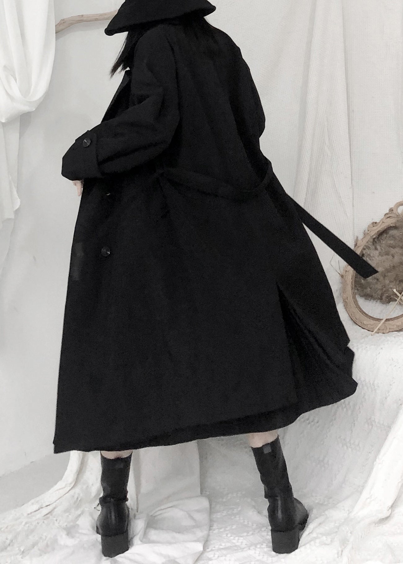 WW | Black Peter Pan Collar Ribbons Button Long Trench Coats Long Sleeves