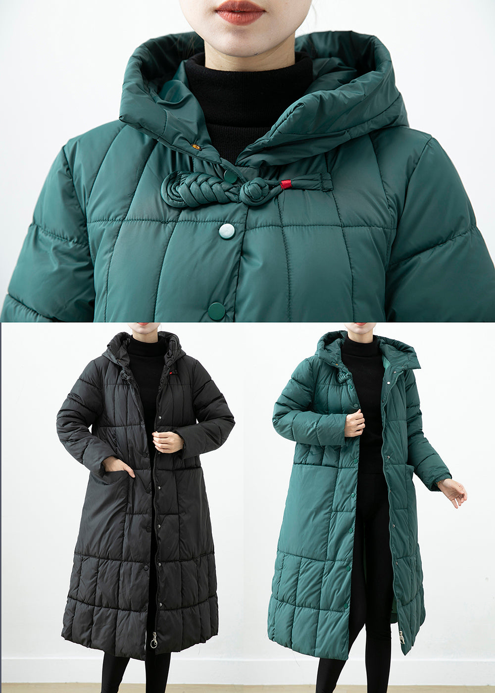 WW | Schwarzgrüner Kapuzenmantel mit Taschen aus feiner Baumwolle gefüllt für den Winter