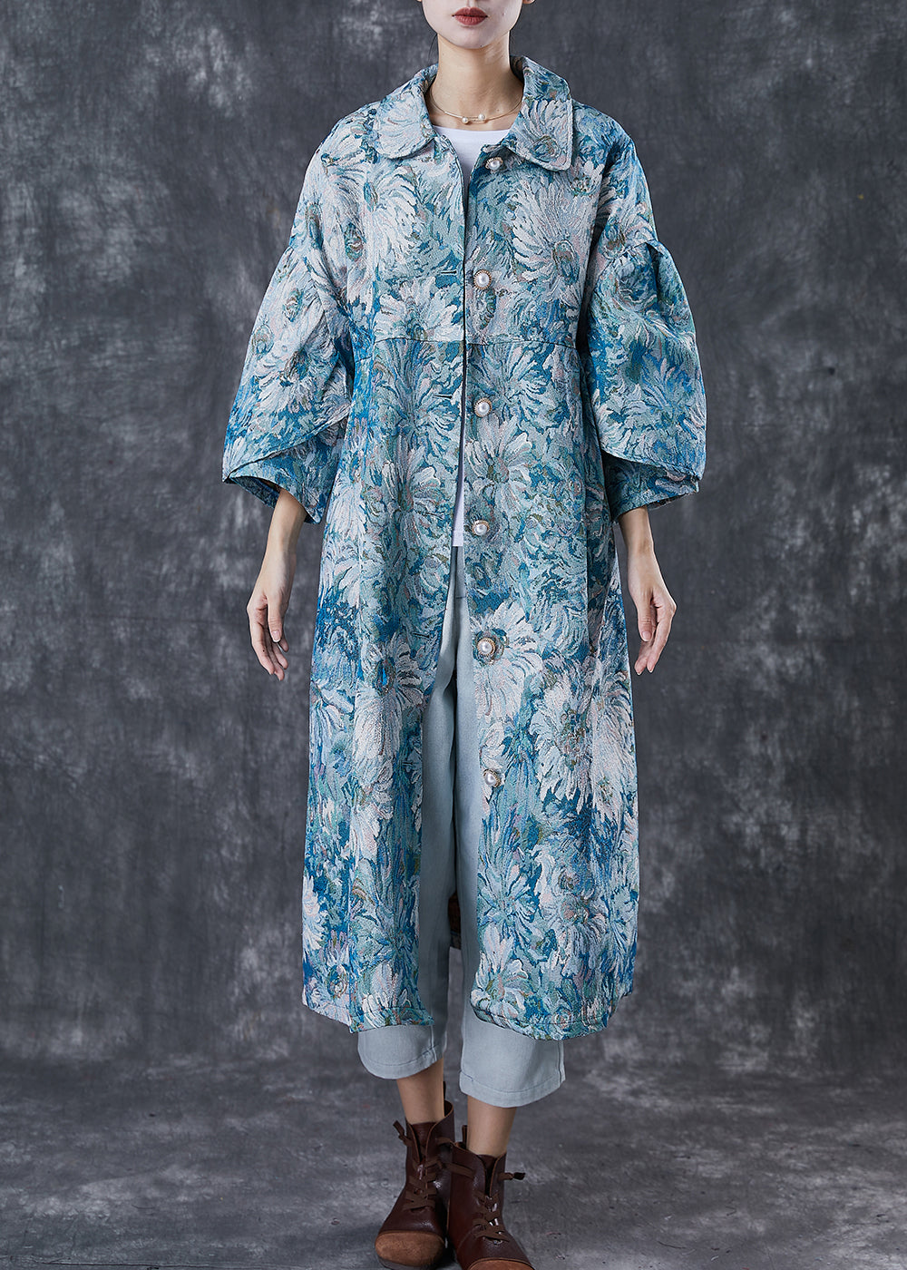 WW | Blue Oversized Daisy Print Cotton Trench Coats