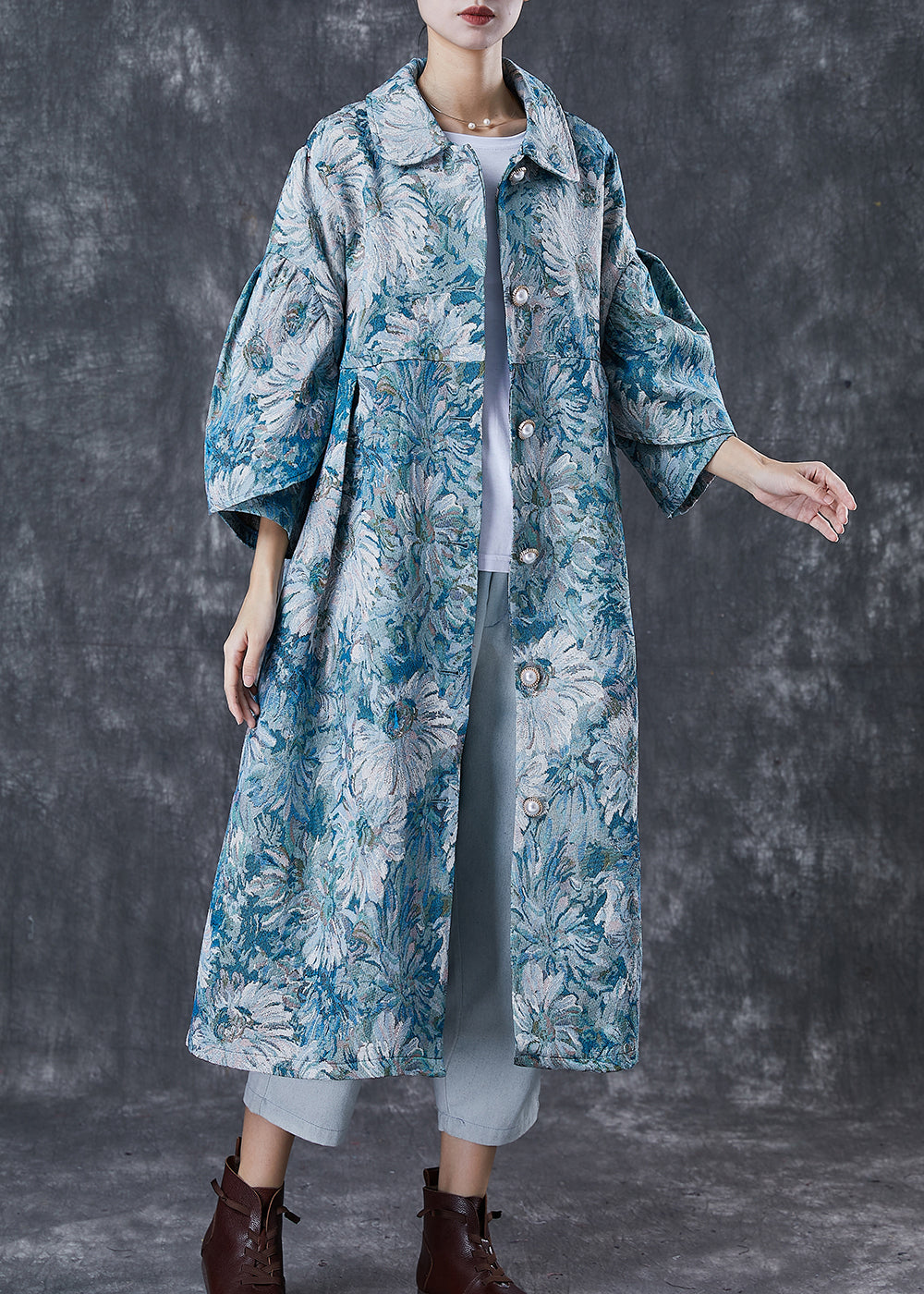 WW | Blue Oversized Daisy Print Cotton Trench Coats