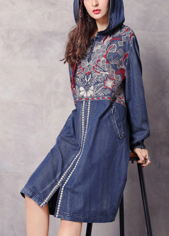 WW | Blue Zipper Hooded Embroidered Pockets Denim Trench Coats