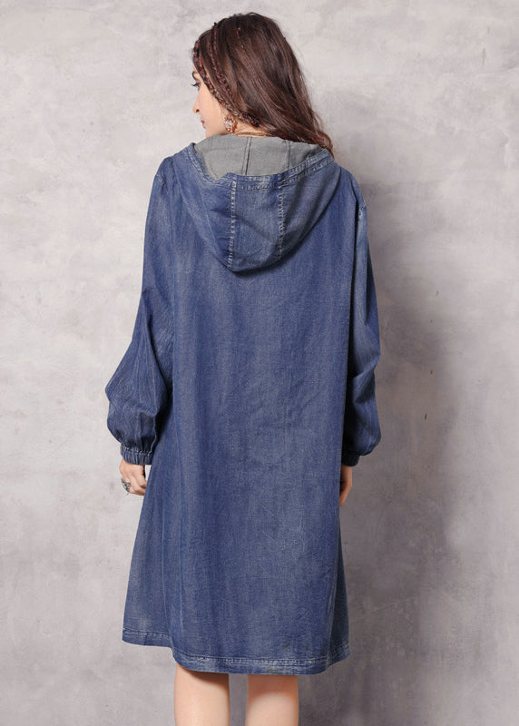 WW | Blaue Reißverschluss Kapuzen bestickte Taschen Denim Trenchcoats