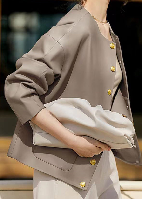 WW | Gray O-Neck Patchwork Shearling Coats with Pockets