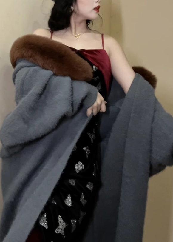 WW | Haze Blue Fur Collar Mink Knit Coats Batwing Sleeves