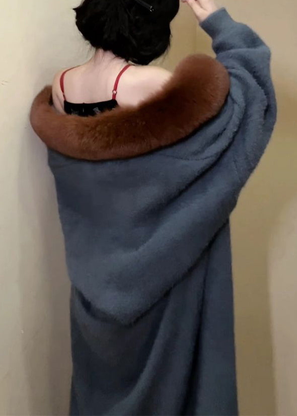 WW | Haze Blue Fur Collar Mink Knit Coats Batwing Sleeves