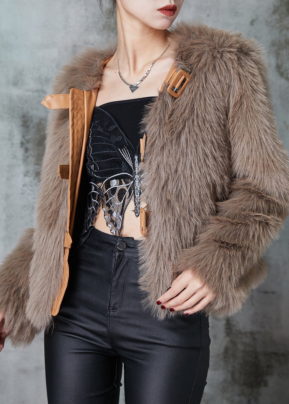 WW | Khaki Patchwork Faux Fur Jackets Winter