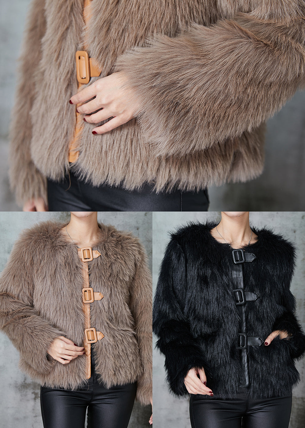 WW | Khaki Patchwork Faux Fur Jackets Winter