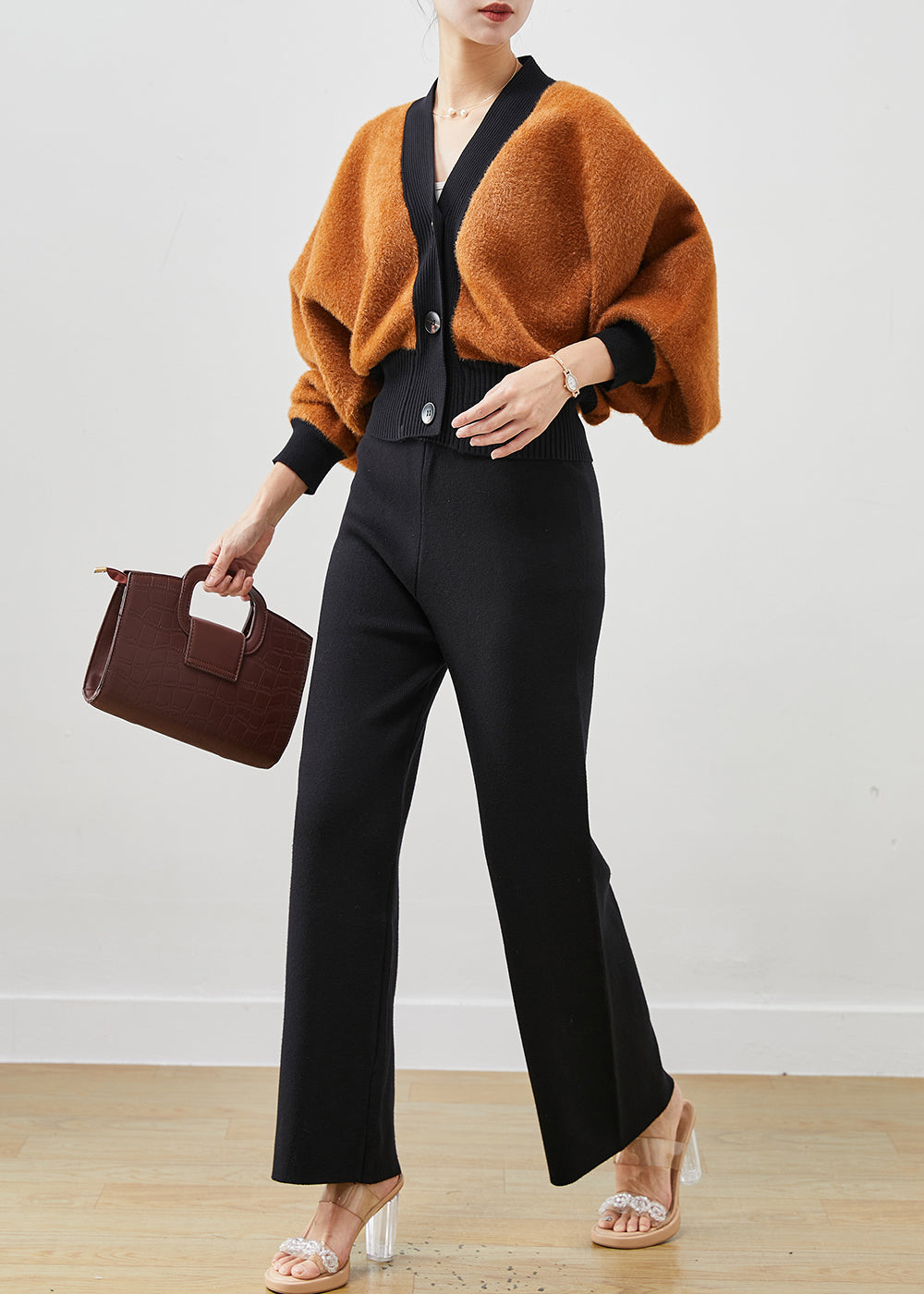 WW | Khaki Chunky Knit Coats and Straight Trousers Two-Piece Set