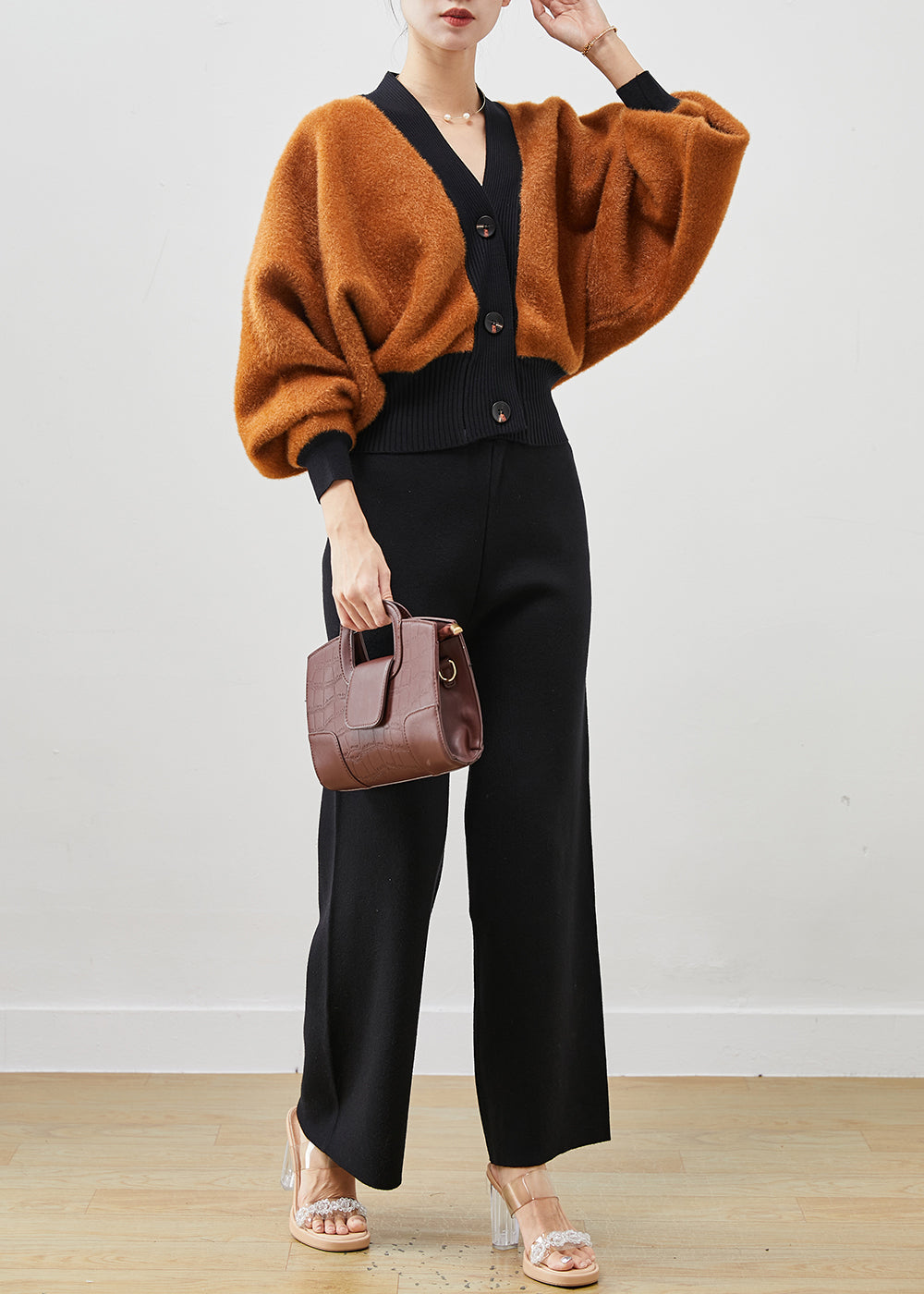 WW | Khaki Chunky Knit Coats and Straight Trousers Two-Piece Set