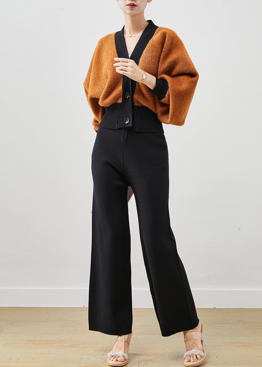 WW | Khaki Chunky Knit Coats and Straight Trousers Two-Piece Set