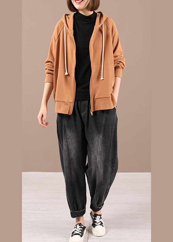 WW | Orange Loose Hooded Jackets with Pockets Long Sleeve