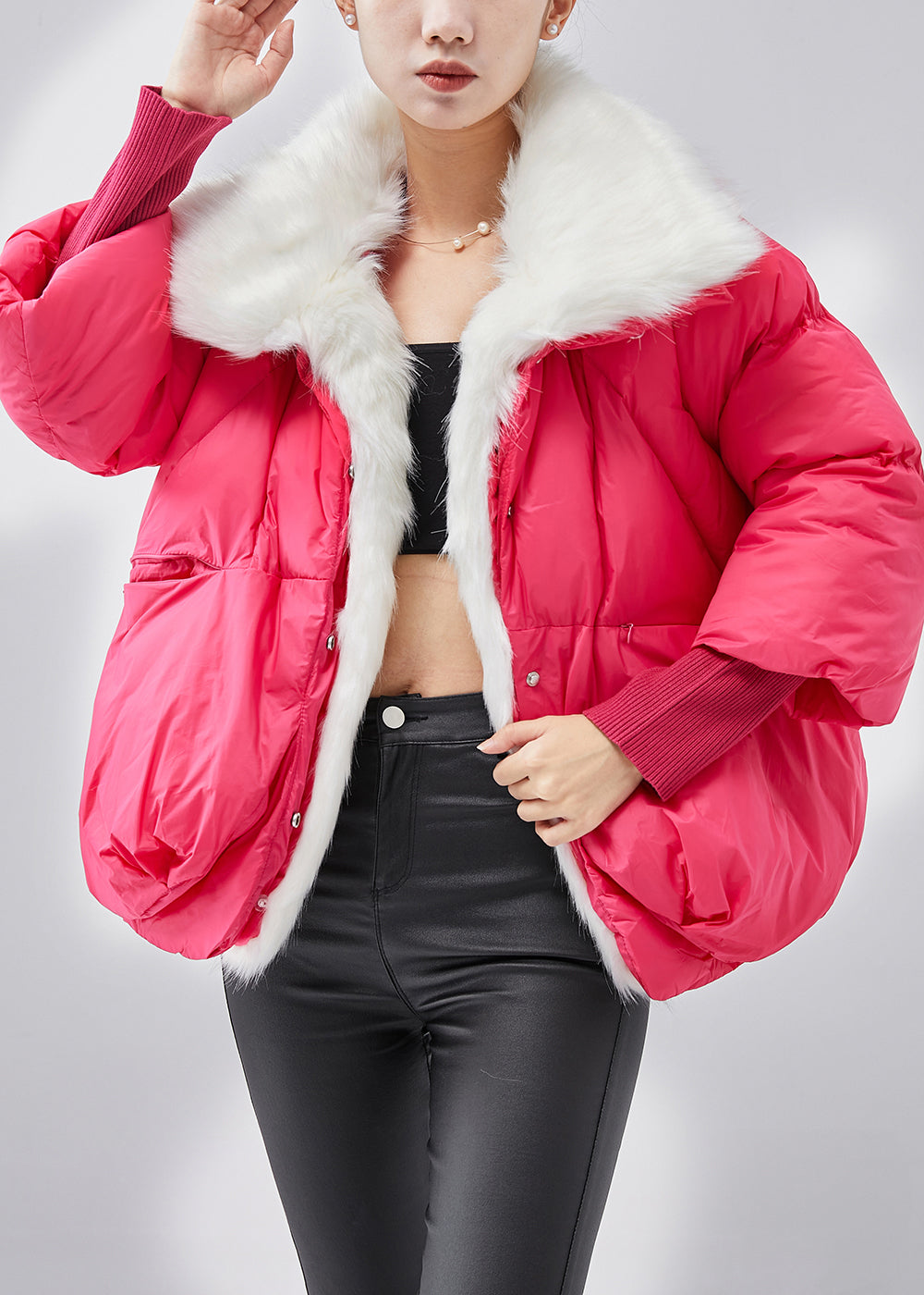 WW | Pinker Pelzkragen Feine Baumwollgefüllte Winterkurzmäntel