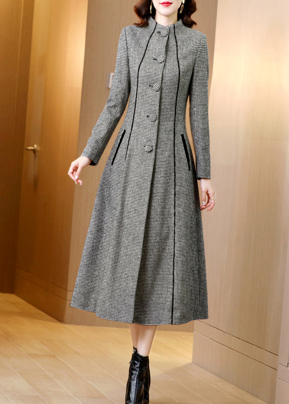 WW | Plaid Stand Collar Pockets Button Slim Fit Wool Coats Winter