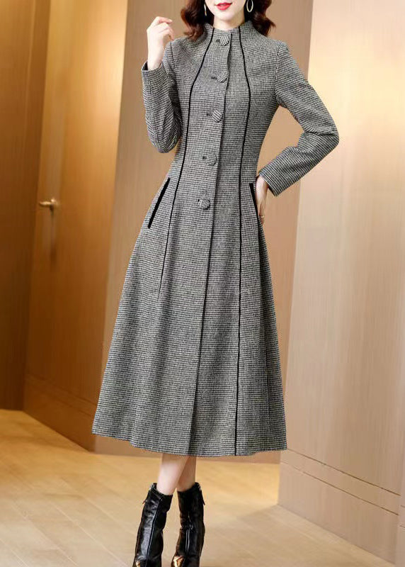 WW | Plaid Stand Collar Pockets Button Slim Fit Wool Coats Winter