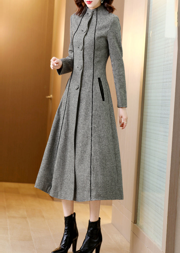 WW | Plaid Stand Collar Pockets Button Slim Fit Wool Coats Winter