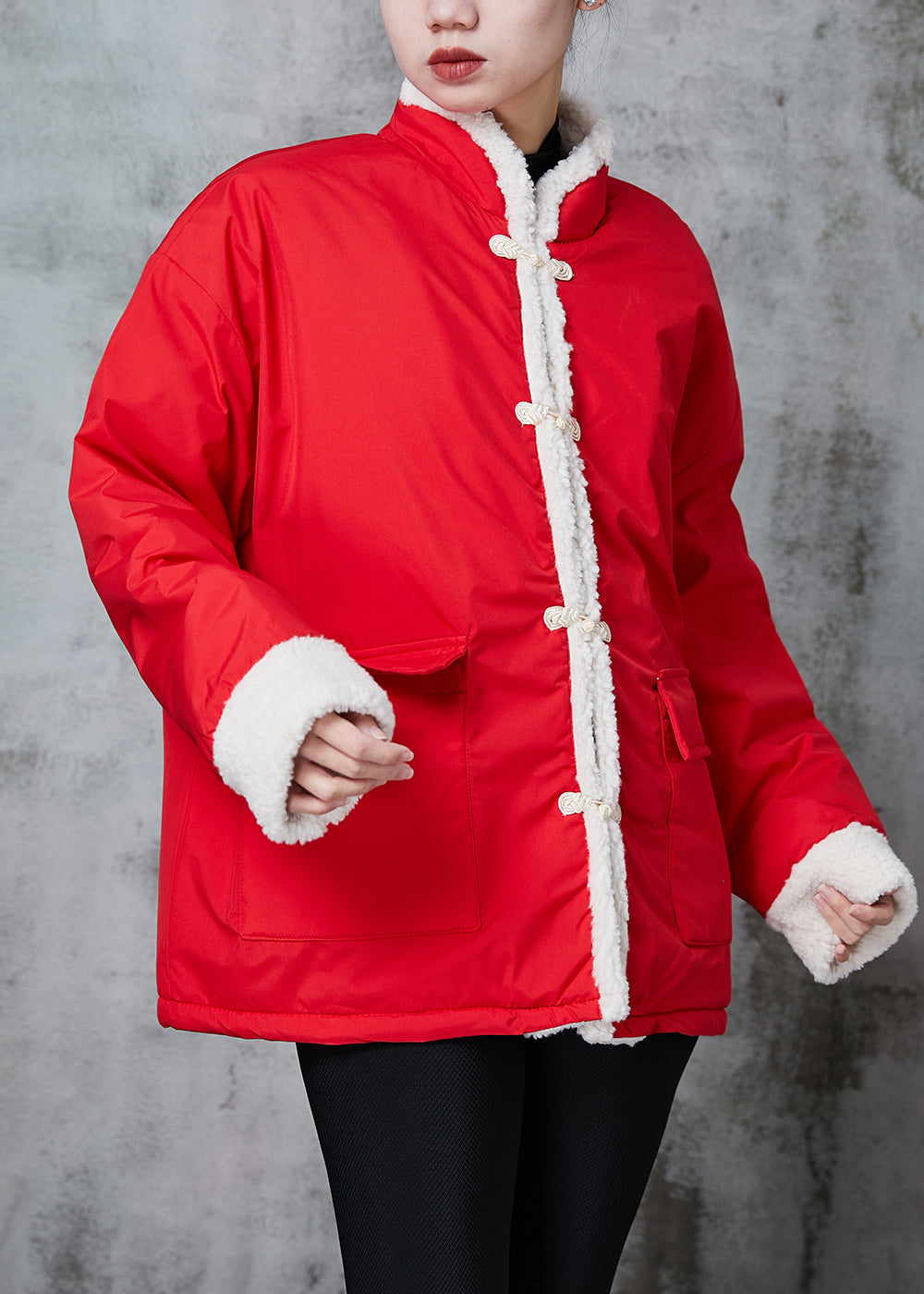 WW | Red Chinese Button Fleece Wool Lined Jackets Winter