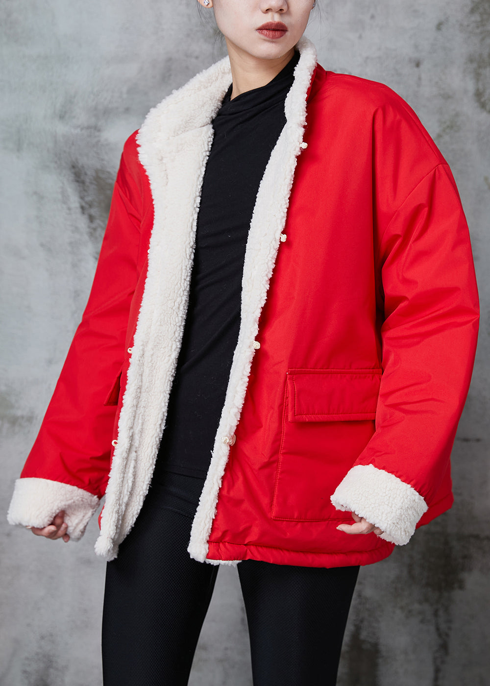 WW | Red Chinese Button Fleece Wool Lined Jackets Winter