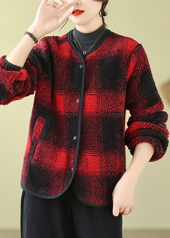 WW | Red O-Neck Pockets Plaid Faux Fur Jackets